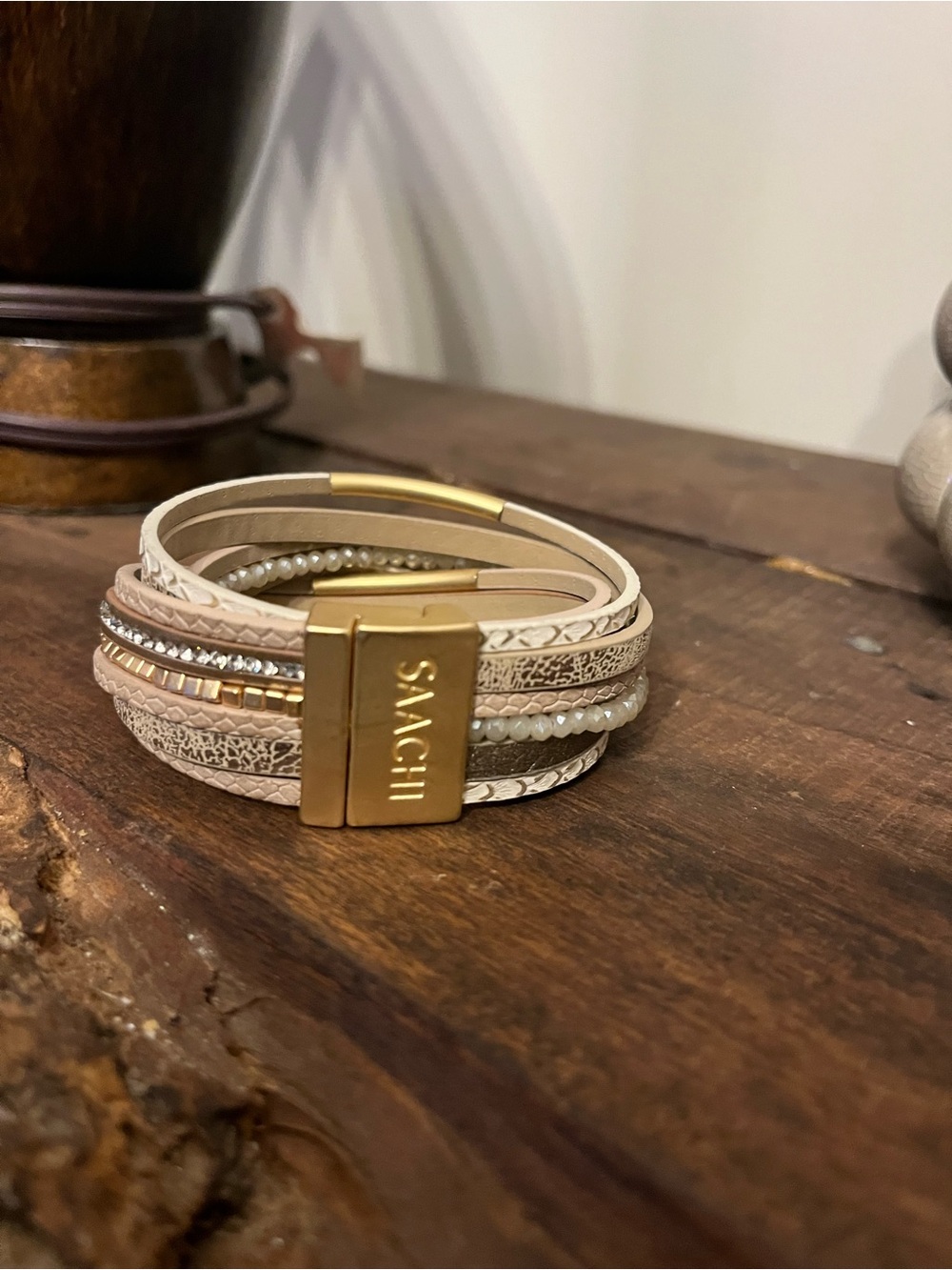 Saachi Cream Multi-Strand Leather & Bead Bracelet with Gold Magnetic Clasp $25